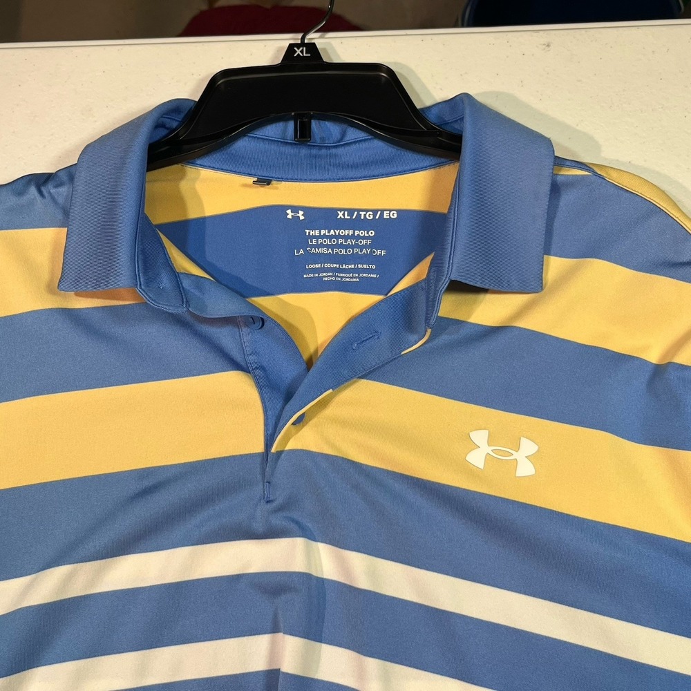Under Armour The Playoff Polo Shirt Mens XL Blue Stripe Performance Golf Stretch